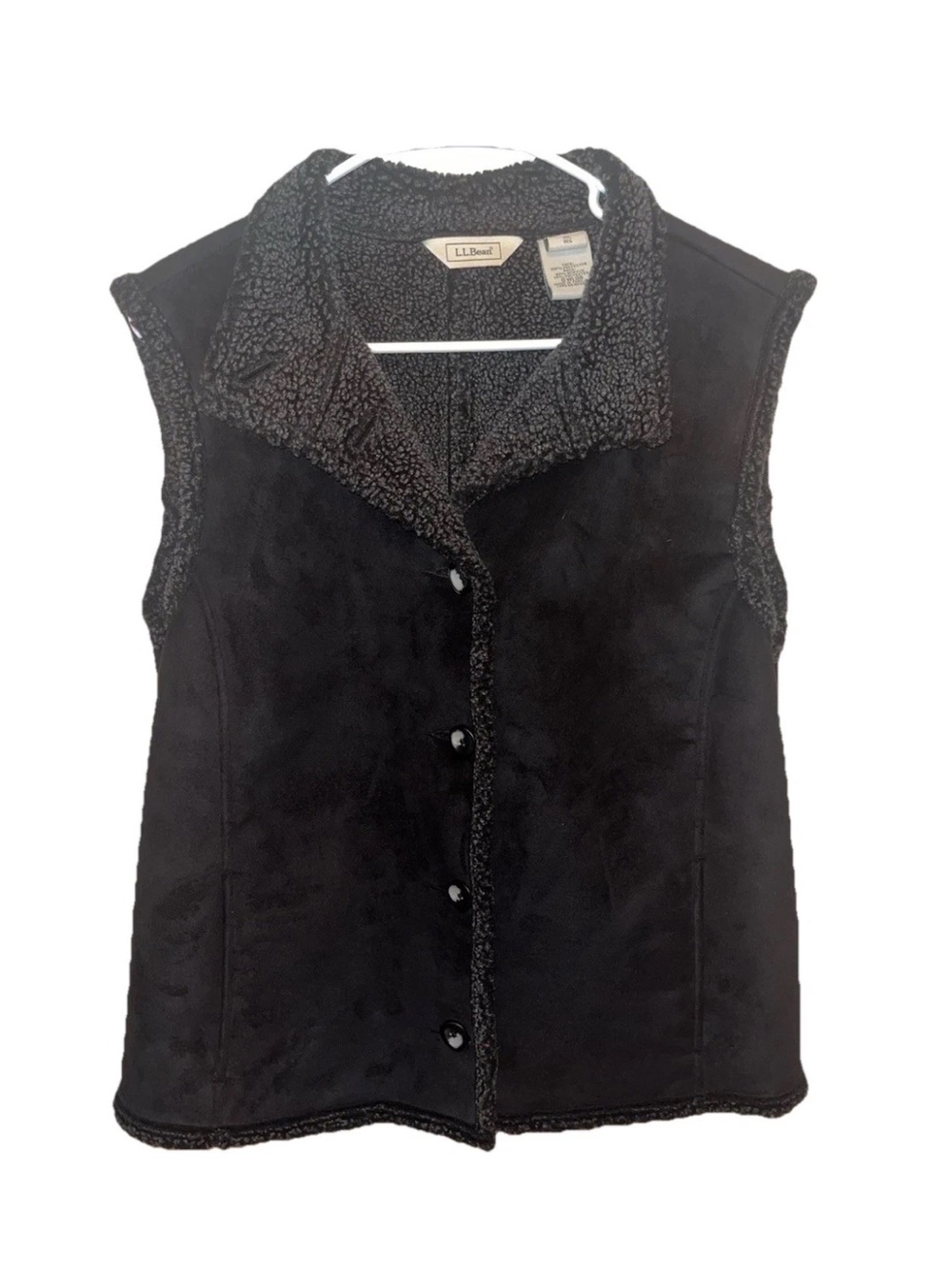 L.L. Bean Women's Sherpa Lined Black Suede Vest Size XL EUC Warm Button Closure
